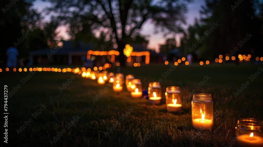 Evening outdoor scene with lit candles in jars lining grassy path Evening outdoor scene with lit candles in jars lining grassy path