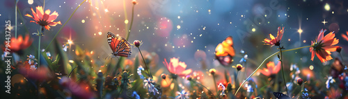 A butterfly is flying in a field of flowers. The flowers are of various colors and sizes, and the butterfly is the main focus of the image. Concept of freedom and beauty