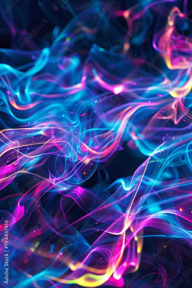 Abstract background with neon colors and swirling shapes, creating a dynamic and energetic atmosphere