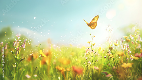 A butterfly is flying in a field of flowers. The field is full of yellow flowers and the sky is blue