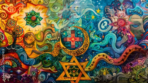 a visually stunning mural celebrating religious diversity, with intricate details and vibrant hues bringing to life symbols such as the cross, crescent, Om, and Star of David