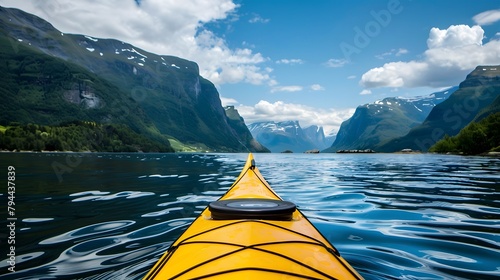 A yellow kayak on the water with mountains in the background © Love Mohammad