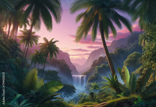 Cascade waterfall in lush jungle landscape  beautiful purple sunset. Palms  tropical leaves  flowing stream in sunset colors. Background illustration