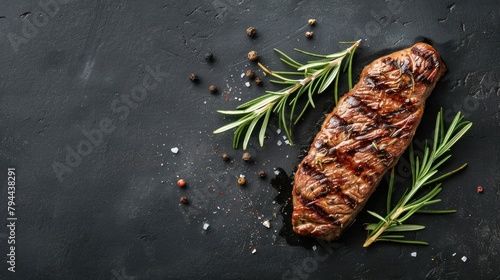 Top view of delicious grilled beef steak with rosemary on a dark background. copy space