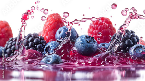 Berry juice splashes, fruit and berry compote splash collection isolated on white background photo