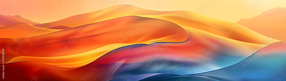 A colorful, abstract painting of a mountain range with a blue and red wave in the foreground. The painting is full of vibrant colors and has a dreamy, ethereal quality - obrazy, fototapety, plakaty 