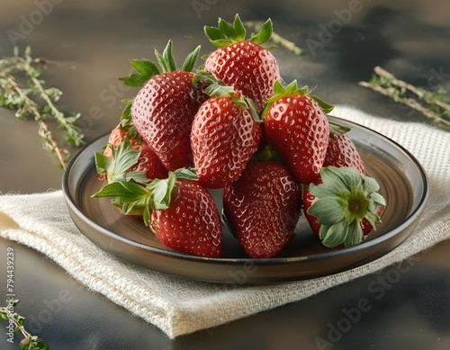 Fresh strawberries on plate on canvas. Fruits and summer berries illustration
