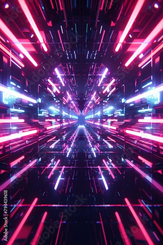 Psychedelic and futuristic background filled with neon lights and dynamic shapes, transporting the viewer to another realm