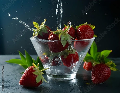 Fresh strawberries splashing into water in a glass bowl. Fruits and summer berries illustration