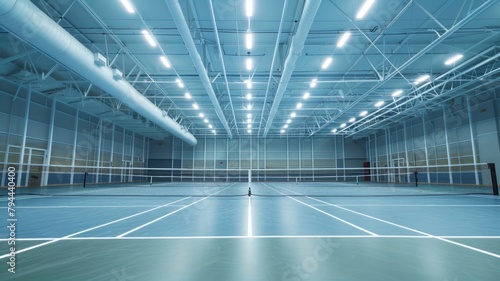 professional badminton court dominates the frame, with high ceilings and artificial lighting setting the stage for competitive play