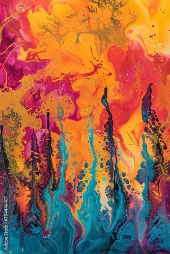 Journey through an abstract wilderness where the fiery glow of flames meets psychedelic artistry
