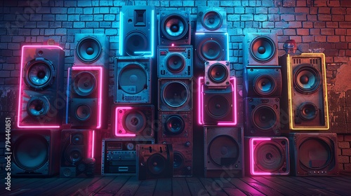 Neon Glow Retro Speakers Vintage Brick Wall Vibe