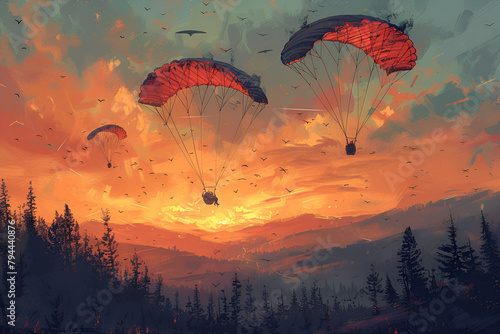 Parachuting. Action Sport. Paratroopers,
A solitary parachuter gracefully glides through the vibrant sky photo