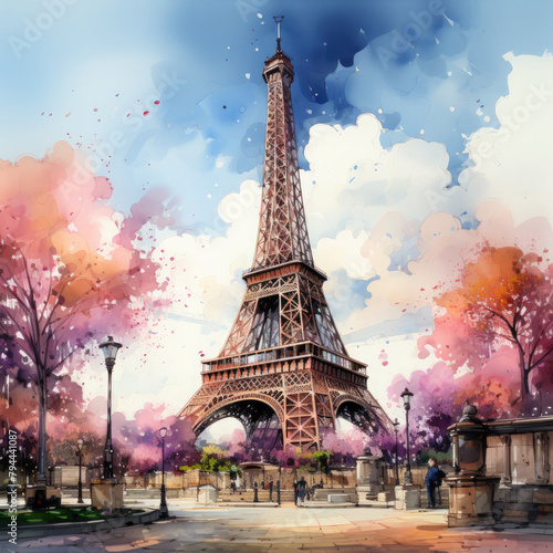 Watercolor Eiffel tower, clipart Illustration, Generative Ai © SantoshArt