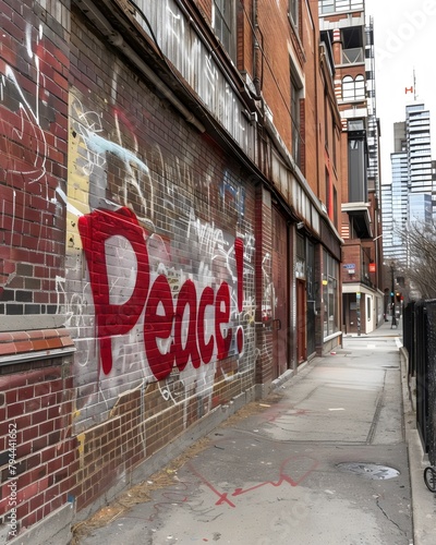 "Peace" Graffiti on a Building Wall down a City Alley