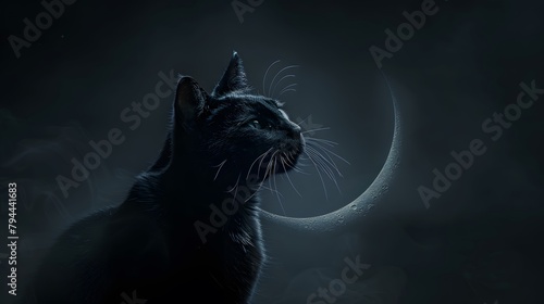 Cinematic black cat with a crescent moon scene hd wallpaper, ai generated. High quality photo © Love Mohammad