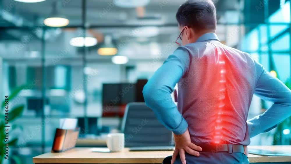 Man in an office with glowing spine visual, symbolizing back pain from sitting, with a focus on workplace ergonomics and health. Banner. Copy space Man in an office with glowing spine visual, symbolizing back pain from sitting, with a focus on workplace ergonomics and health. Banner. Copy space