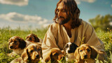 Jesus com cachorrinhos Dachsund em campo verde