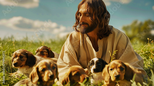 Jesus com cachorrinhos Dachsund em campo verde photo