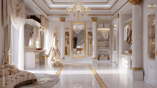 Closet branco e dourado com lindos sapatos realistas