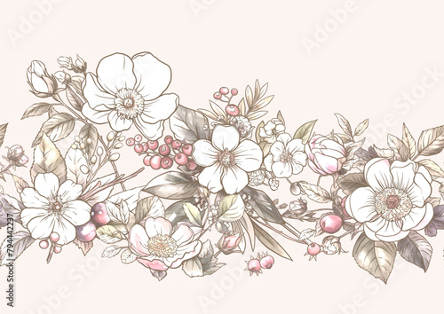 Boutonniere of wild rose flowers and berries Seamless pattern, background. Outline hand drawing vector illustration. In botanical style