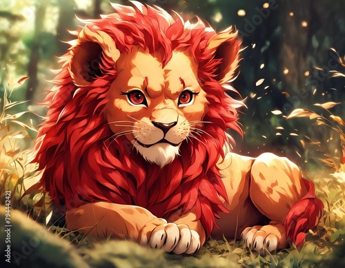 Ilustracja lwa w pieknej czerwonej grzywie #794442421
