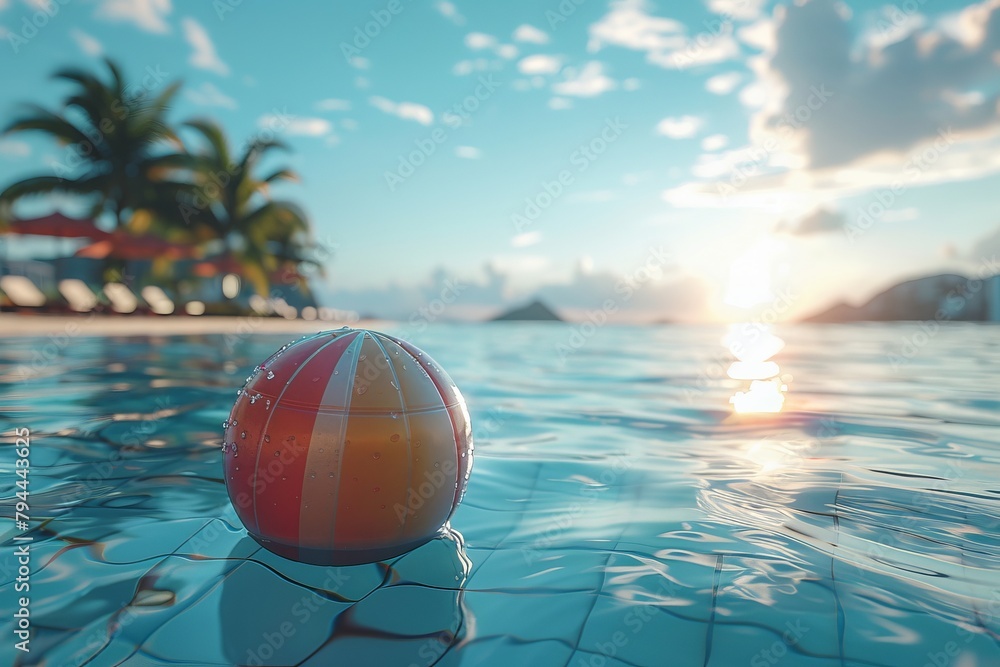 A ball floats in azure water, creating a natural landscape in a swimming pool