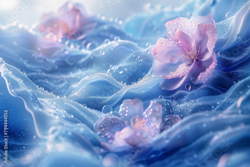 Water surface with floating delicate fantasy flowers floral 8k wallpaper background