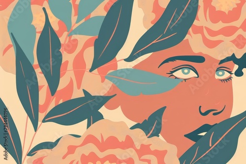 An illustration of a woman s face with flowers and leaves in a flat  abstract style.
