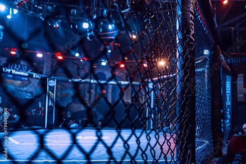 Night in the MMA cage. Empty mma arena. Fighting Championship. Battle night. View of the arena under the floodlights.