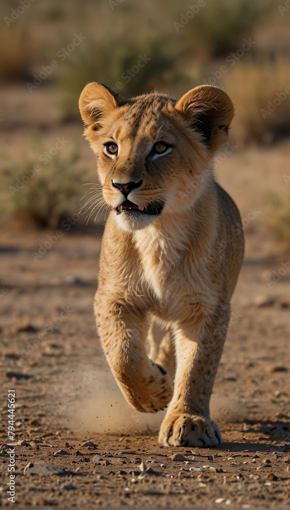 A little lion cub walks through the desert A little lion cub walks through the desert