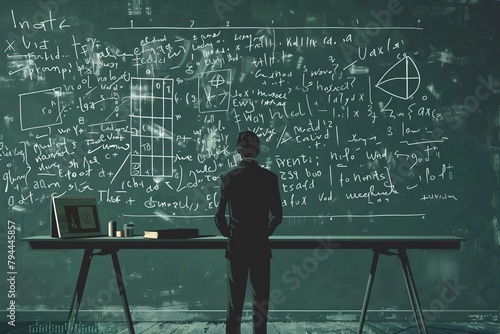Dive into the world of mathematics with a 2D illustration of a mathematician solving complex equations on a chalkboard