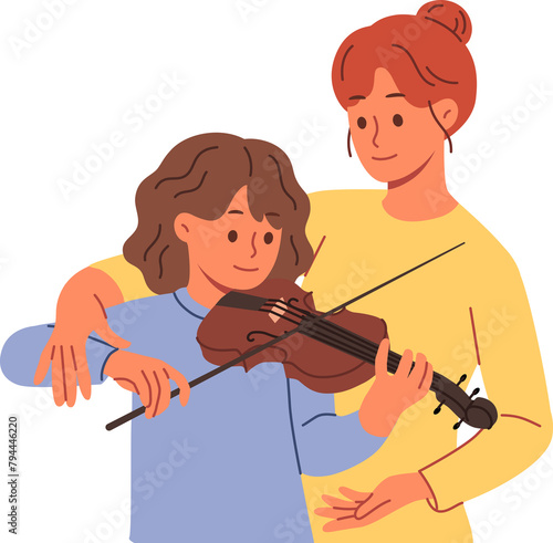 Learning to play violin for teenage girl, from professional teacher who helps to hold bow correctly. Caring mother teaches daughter to perform music on violin, practicing before concert with audience