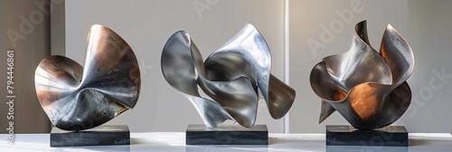 Witness the dynamic interplay of light and shadow in abstract metal sculptures, where luminous forms dance with mysterious allure photo