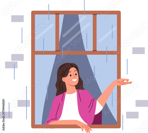 First autumn rain brings joy to woman looking out of apartment window and catching drops with smile. Happy girl enjoying view of street during rain, standing with blanket on shoulders in cozy home