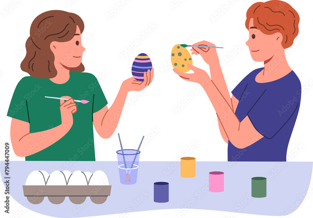Children paint easter eggs in preparation for main christian holiday, standing at table with gouache and brushes. Celebrations easter in orthodox and catholic culture, on day of resurrection jesus Children paint easter eggs in preparation for main christian holiday, standing at table with gouache and brushes. Celebrations easter in orthodox and catholic culture, on day of resurrection jesus