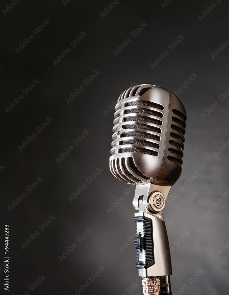 Fototapeta premium A vintage microphone with intricate design, against a dark background