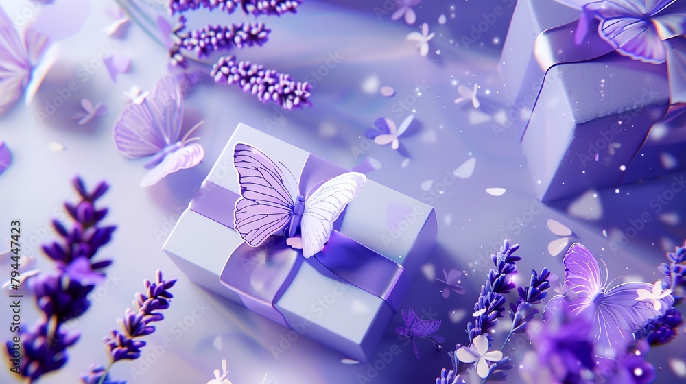 Gift box with butterflies and lavender flowers. 3d rendering Gift box with butterflies and lavender flowers. 3d rendering