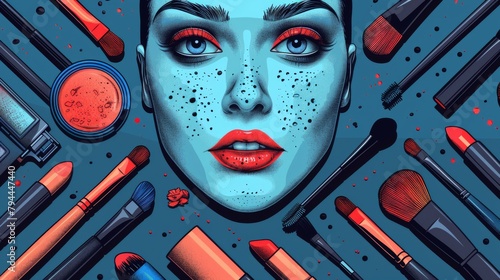 Colorful modern hand drawn illustration of fashion cosmetics seamless pattern with make up artist objects.