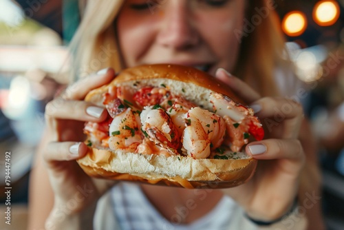 Macro shot of a woman enjoying a bite of succulent  buttery lobster roll