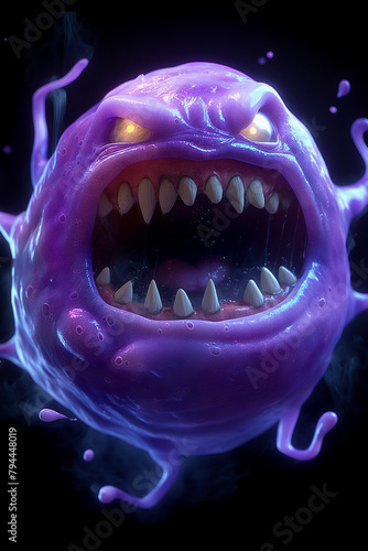A purple monster with a mouth full of teeth and a menacing look on its face