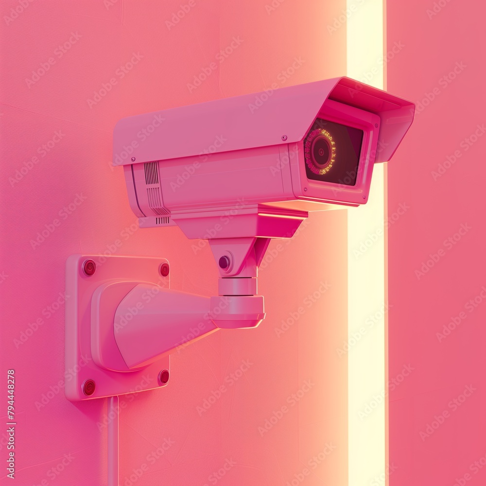 3d illustration of a pink security camera in pink wall 3d illustration of a pink security camera in pink wall