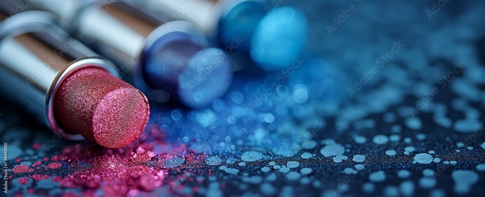 blue and purple shiny glitter lipsticks, eye shadows. blue and purple shiny glitter lipsticks, eye shadows.