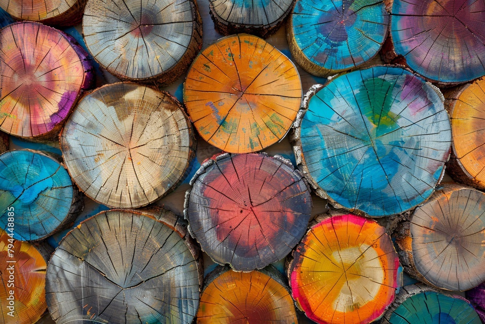 Immerse in an abstract forest of wood stumps, where vibrant hues merge with organic textures
