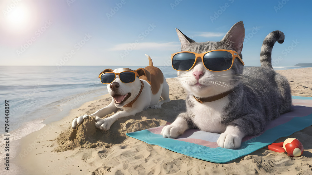 Cat and dog wearing sunglasses lying on towels at the beach
