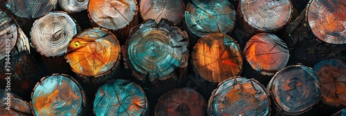 Immerse in an abstract forest of wood stumps, where vibrant hues merge with organic textures