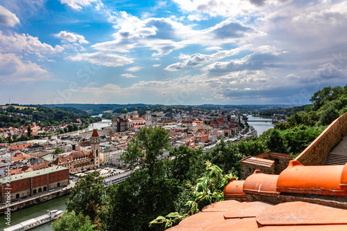Panoramic view of Passau. Aerial skyline of old town from Veste Oberhaus castle . Confluence of three rivers Danube, Inn, Ilz, Bavaria, Germany.