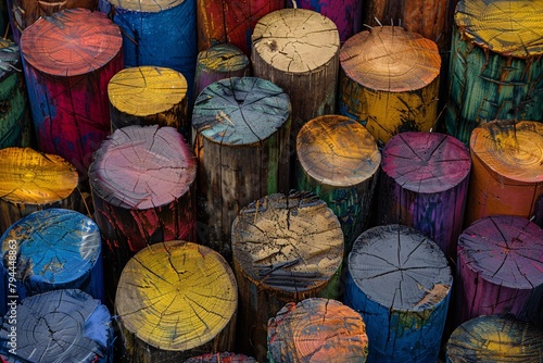 Immerse in an abstract forest of wood stumps, where vibrant hues merge with organic textures