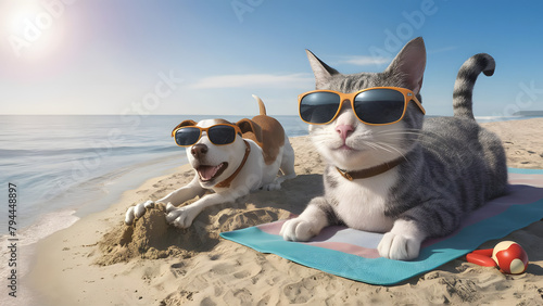 Cat and dog wearing sunglasses lying on towels at the beach  © Alexander