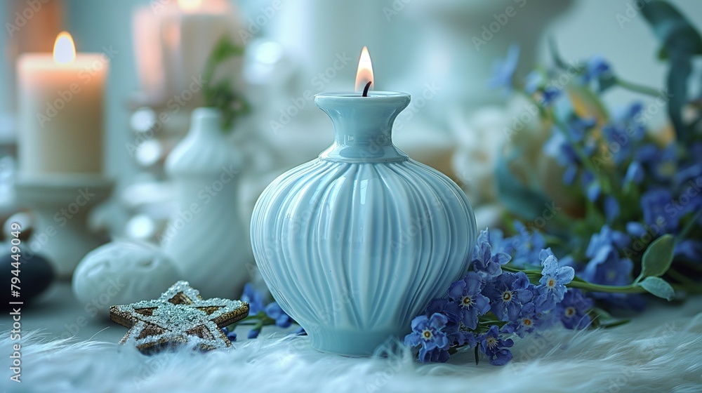 Obraz premium light blue vase shaped candle holder, star decoration and blue flowers.